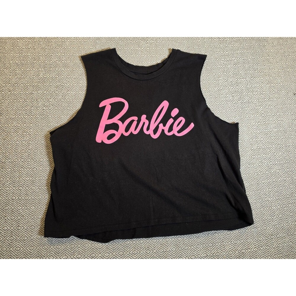 Barbie by Mattel Women’s Large Black Muscle Tank Top Pink Logo Graphic